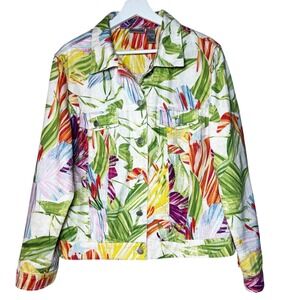 CHICO'S Bright Brush Atalia Linen Blend Floral Tropical Botanical Jacket Size M